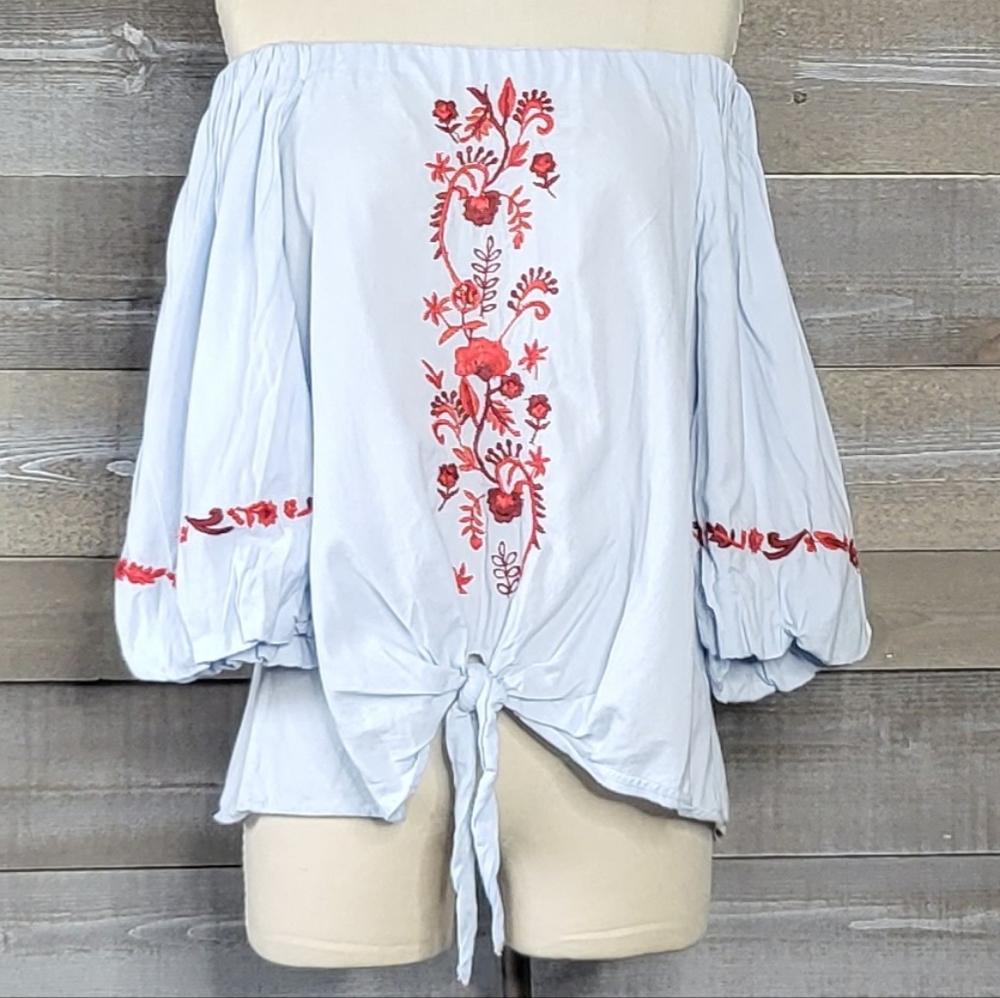 Zara Off-Shoulder Embroidery Details Balloon Sleeves Front Tie Blouse